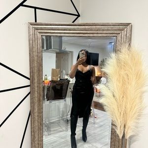 Black leather high split dress